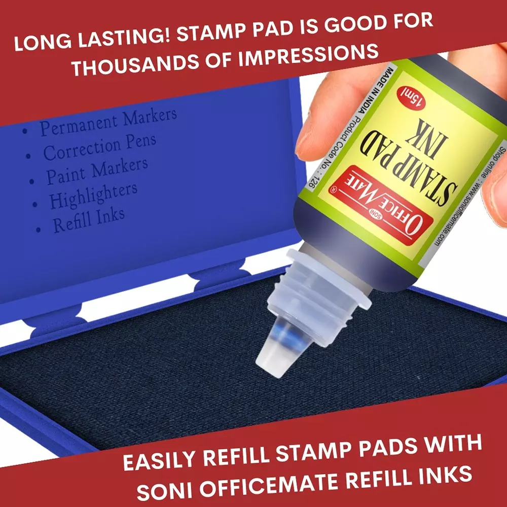 Soni Office Mate Stamp Pad 88x54 mm Refillable Design Crisp, Quick-Dry, Smudge-Free Ink for Office, School, Craft & DIY, Blue (Pack of 4)