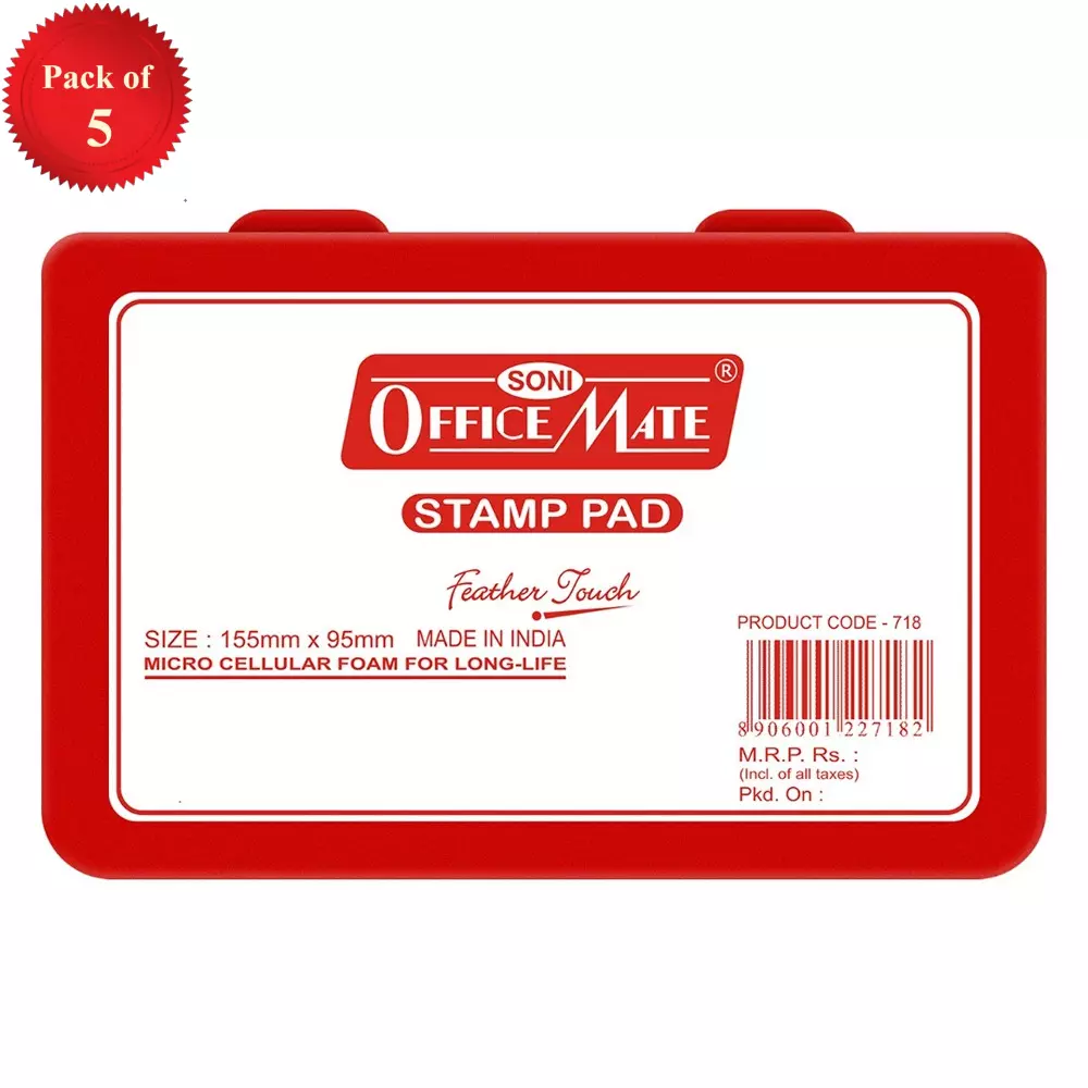 Soni Office Mate Large Stamp Pad 155x95 mm Refillable Design Crisp, Quick-Dry, Smudge-Free Ink for Office, School, Craft & DIY, Red (Pack of 5)