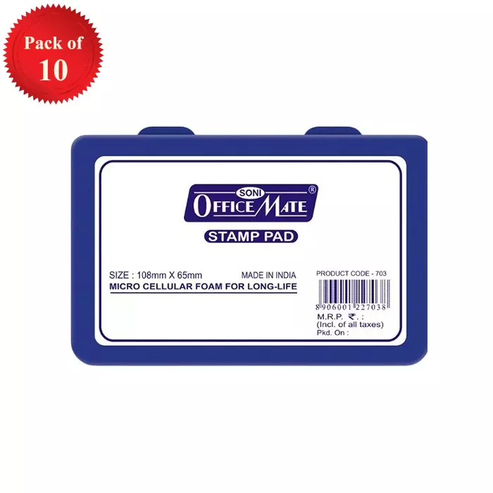 Soni Office Mate Medium Stamp Pad 108x65 mm Refillable Design Crisp, Quick-Dry, Smudge-Free Ink for Office, School, Craft & DIY, Blue (Pack of 10)