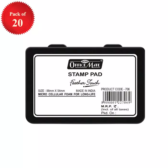 Soni Office Mate Small Stamp Pad 88x54 mm Refillable Design Crisp, Quick-Dry, Smudge-Free Ink for Office, School, Craft & DIY, Black (Pack of 20)