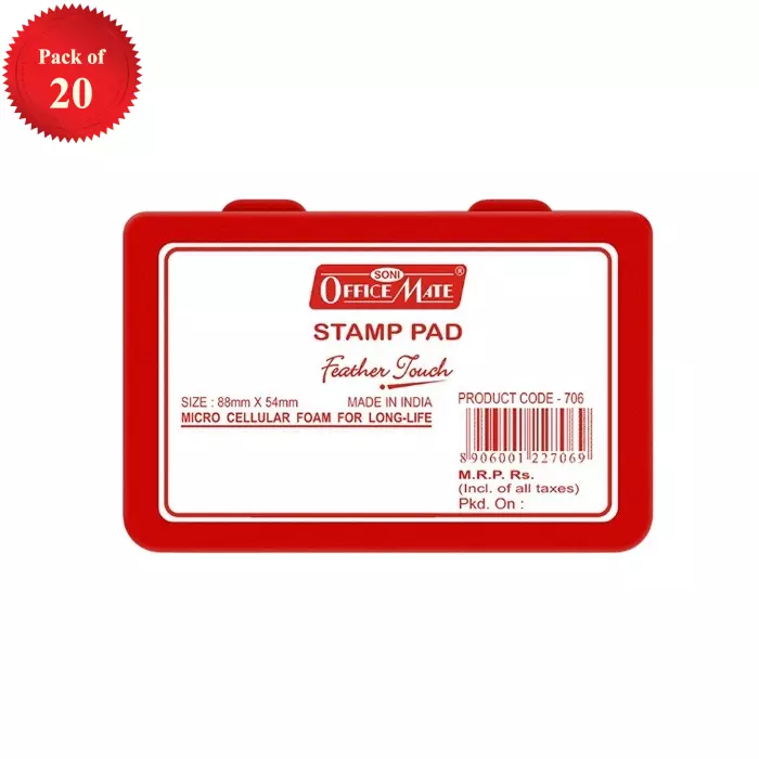 Soni Office Mate Small Stamp Pad 88x54 mm Refillable Design Crisp, Quick-Dry, Smudge-Free Ink for Office, School, Craft & DIY, Red (Pack of 20)