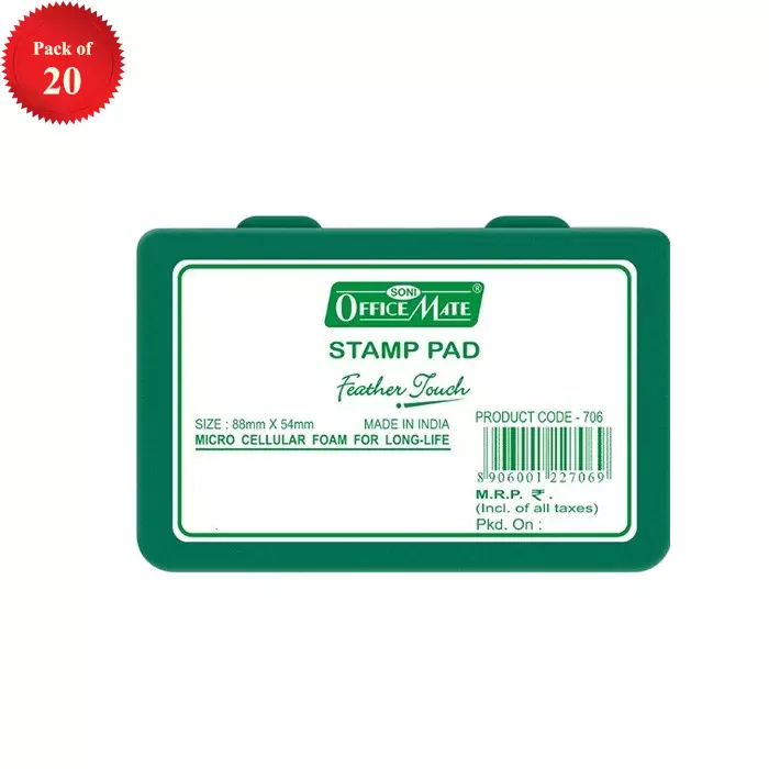 Soni Office Mate Small Stamp Pad 88x54 mm Refillable Design Crisp, Quick-Dry, Smudge-Free Ink for Office, School, Craft & DIY, Green (Pack of 20)