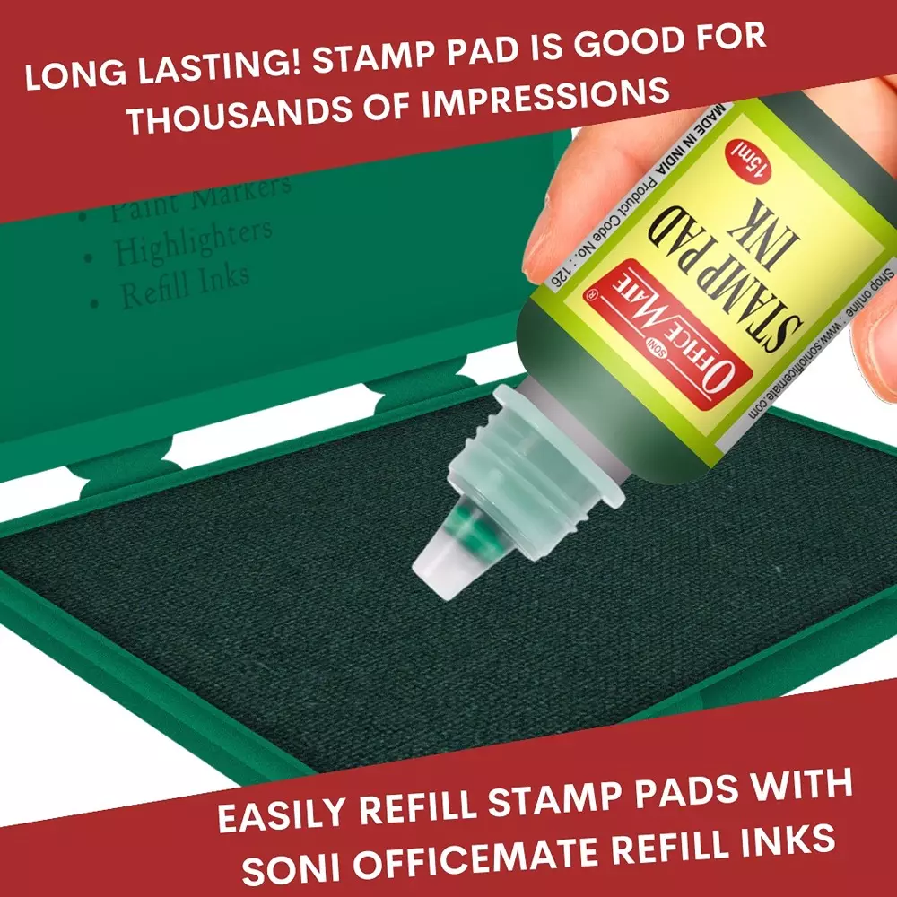 Soni Office Mate Small Stamp Pad 88x54 mm Refillable Design Crisp, Quick-Dry, Smudge-Free Ink for Office, School, Craft & DIY, Green (Pack of 20)
