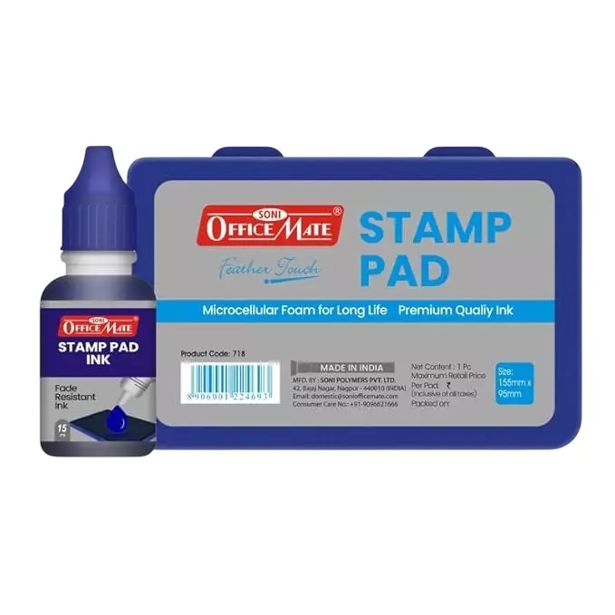 Soni OfficeMate Stamp Pad & Ink Combo 155x95 mm Stamp Pad Size Large 15 ml Blue Ink Color for Office, College & Craft Use