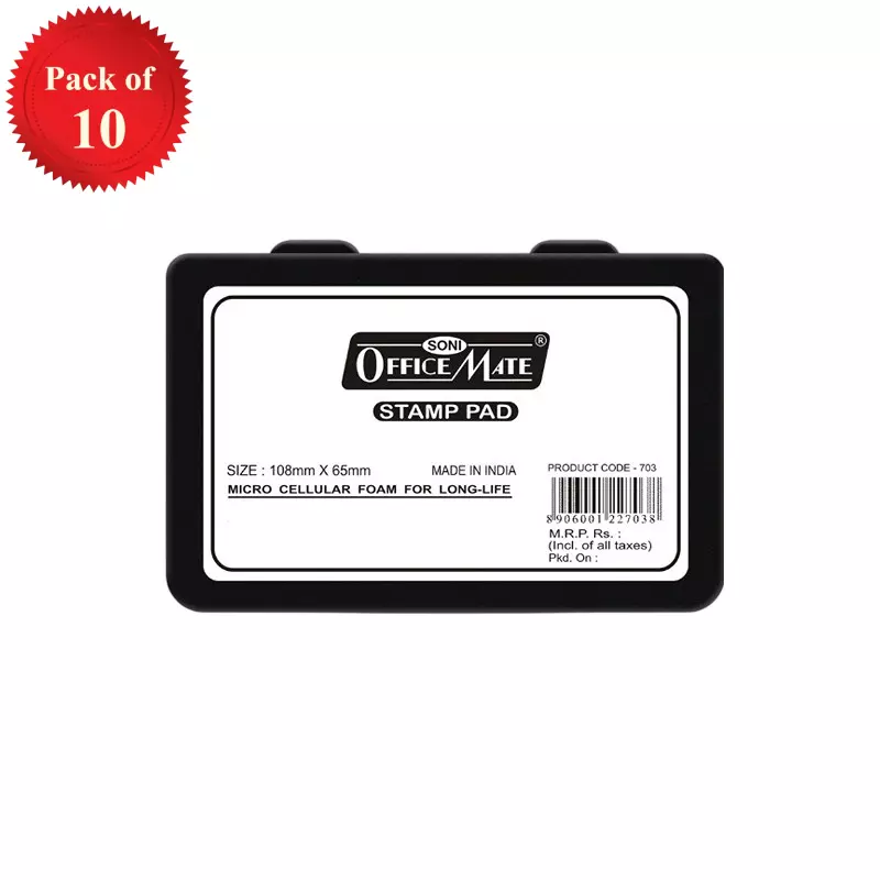 Soni Office Mate Medium Stamp Pad 108x65 mm Refillable Design Crisp, Quick-Dry, Smudge-Free Ink for Office, School, Craft & DIY, Black (Pack of 10)