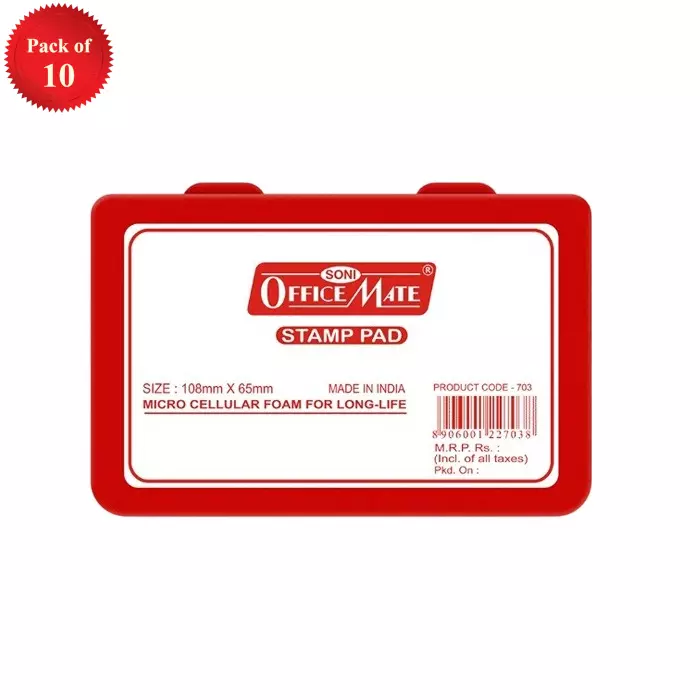 Soni Office Mate Medium Stamp Pad 108x65 mm Refillable Design Crisp, Quick-Dry, Smudge-Free Ink for Office, School, Craft & DIY, Red (Pack of 10)