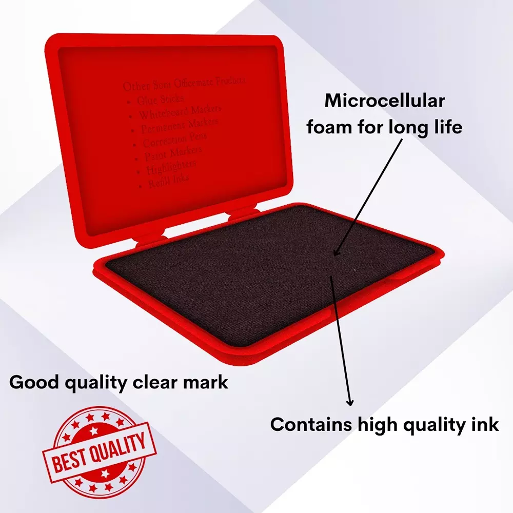 Soni Office Mate Medium Stamp Pad 108x65 mm Refillable Design Crisp, Quick-Dry, Smudge-Free Ink for Office, School, Craft & DIY, Red (Pack of 10)