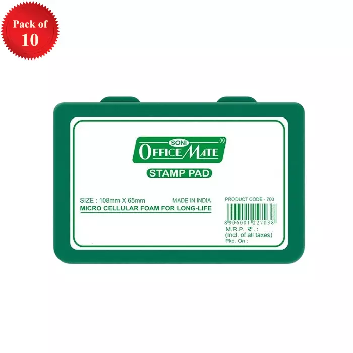 Soni Office Mate Medium Stamp Pad 108x65 mm Refillable Design Crisp, Quick-Dry, Smudge-Free Ink for Office, School, Craft & DIY, Green (Pack of 10)