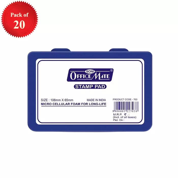 Soni Office Mate Small Stamp Pad 88x54 mm Refillable Design Crisp, Quick-Dry, Smudge-Free Ink for Office, School, Craft & DIY, Blue (Pack of 20)