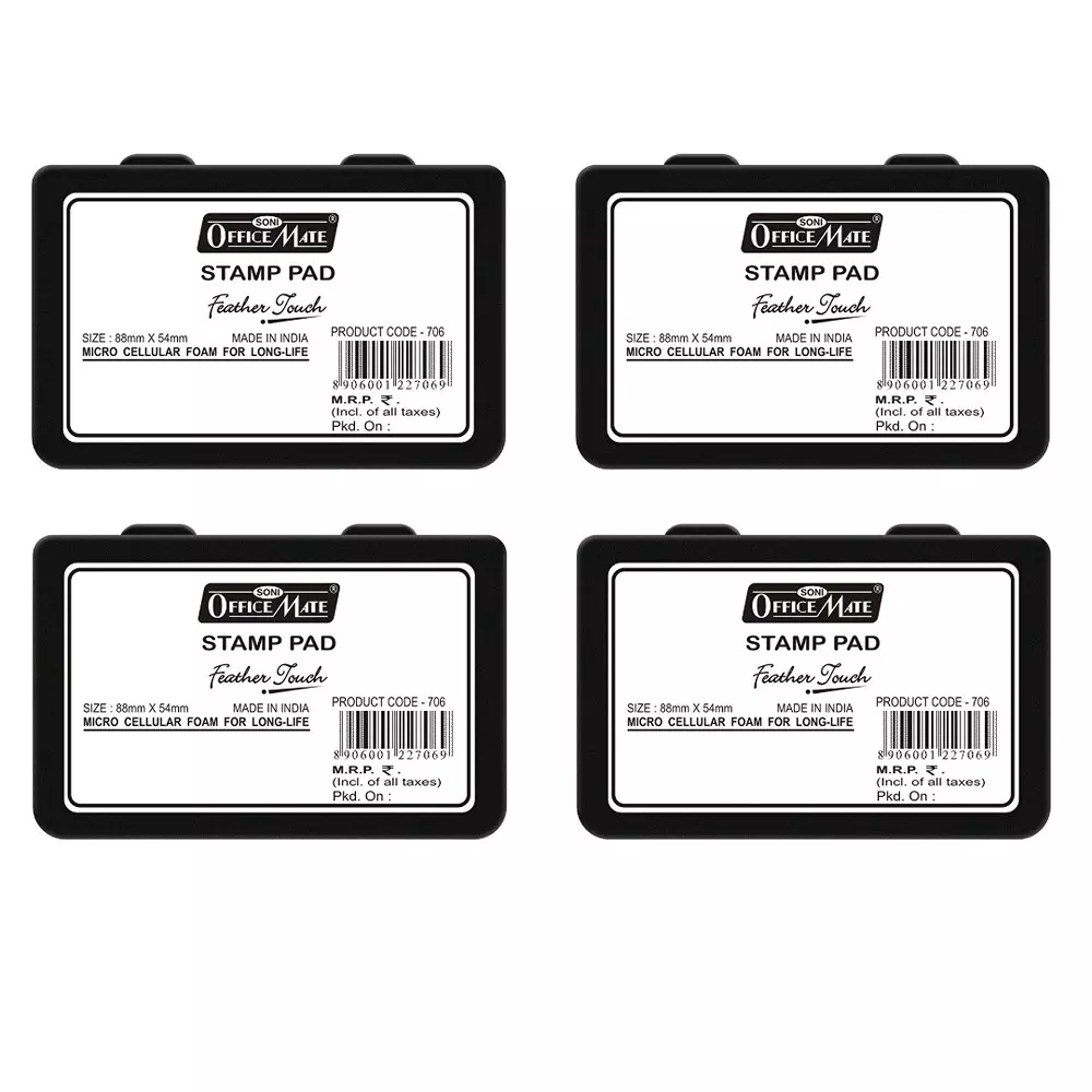 Soni Office Mate Stamp Pad 88x54 mm Refillable Design Crisp, Quick-Dry, Smudge-Free Ink for Office, School, Craft & DIY, Black (Pack of 4)