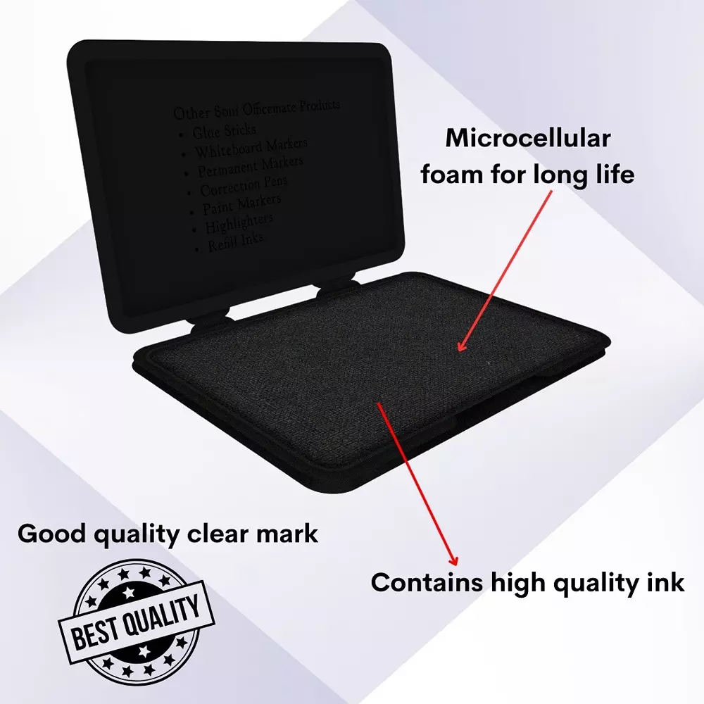 Soni Office Mate Stamp Pad 88x54 mm Refillable Design Crisp, Quick-Dry, Smudge-Free Ink for Office, School, Craft & DIY, Black (Pack of 4)