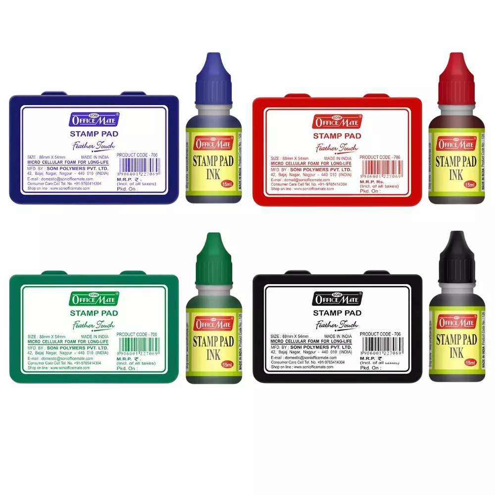 Soni Office Mate Stamp Pad Combo Contains 4 Stamp Pads + 4 Inks, 85x54 mm Pad, 15 ml Ink for Craft & Office Use, Multicolor (Set of 8)