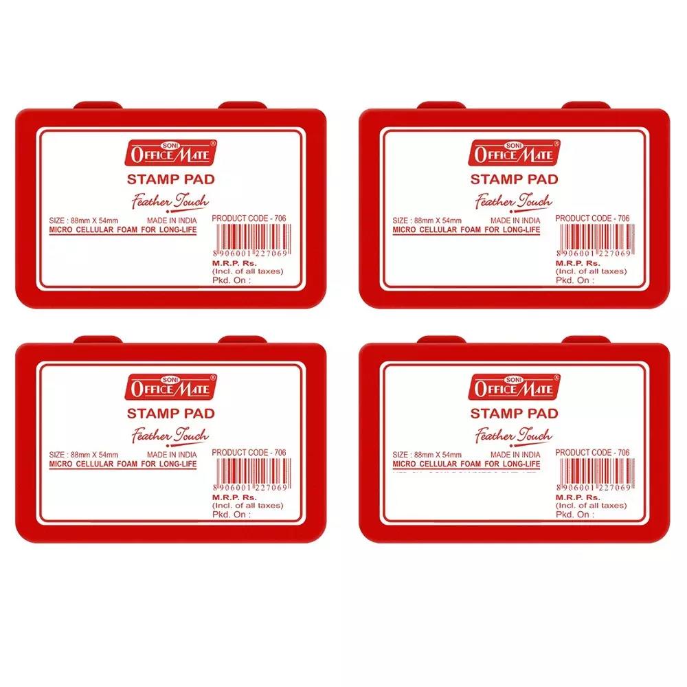 Soni Office Mate Stamp Pad 88x54 mm Refillable Design Crisp, Quick-Dry, Smudge-Free Ink for Office, School, Craft & DIY, Red (Pack of 4)
