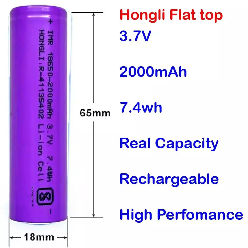 KP 3.7 V Hongli Flat Top Rechargeable Lithium-Ion Battery 2000 mAh For LED, Bluetooth Speaker, Laptops, Power Bank and Torch, 18650 (Pack of 4)