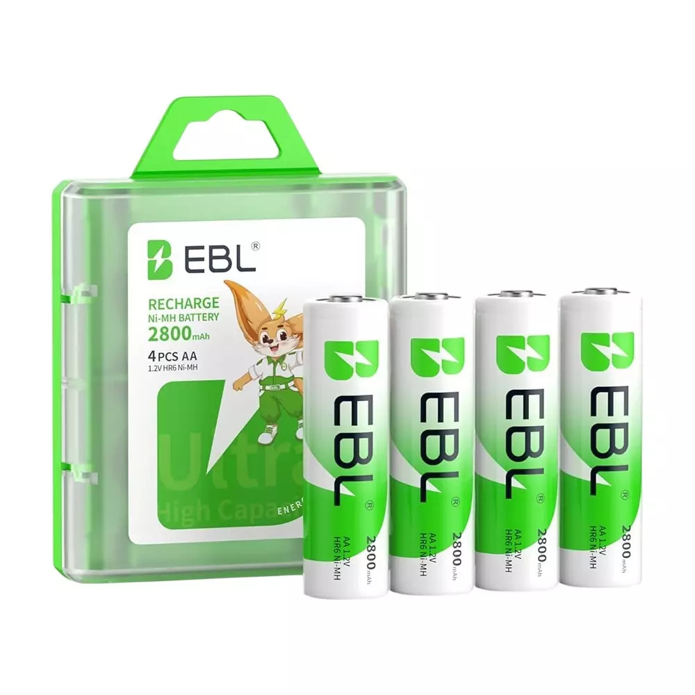 EBL Ni-MH Rechargeable Batteries 6.5x5.5x1.5 cm Ni-MH 2800 mAh 1.2 V for Camera Use, (Pack of 4 Batteries)