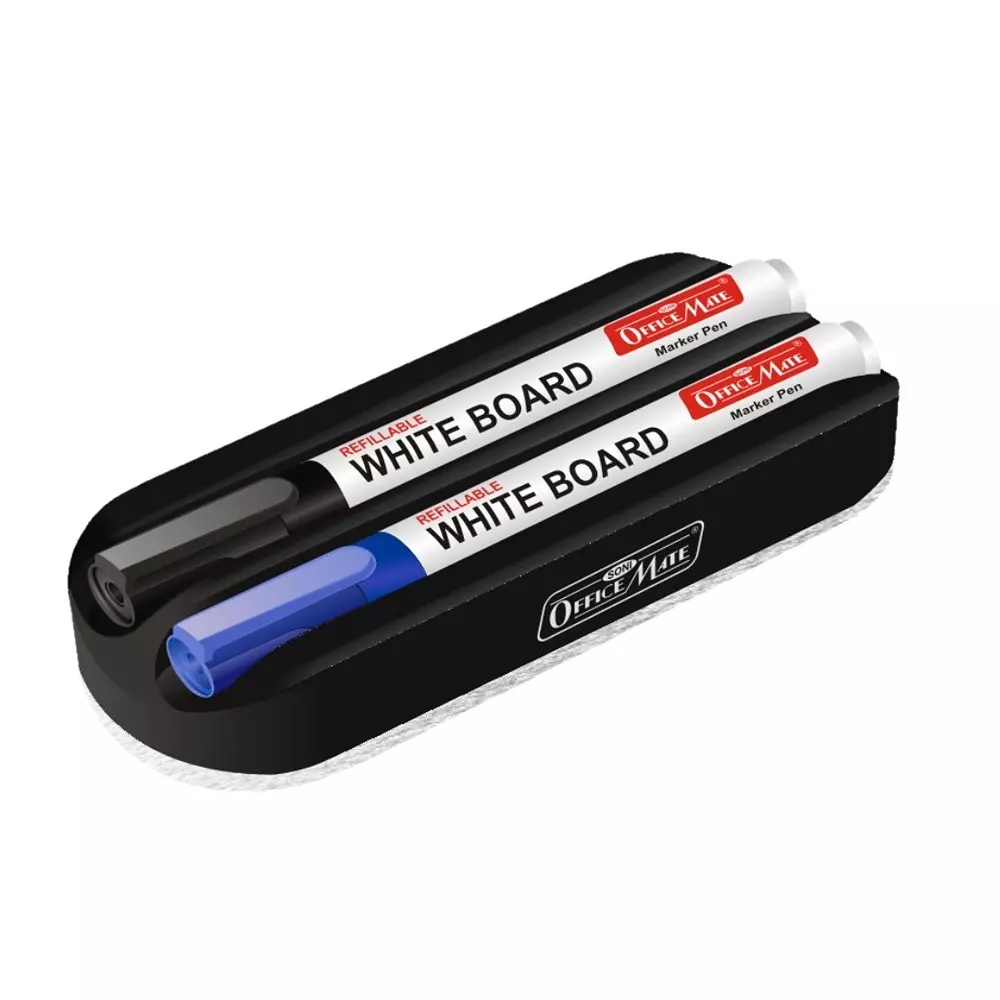 Soni Office Mate Magnetic Whiteboard Duster and 2 Refillable Markers Combo Black and Blue, 4.43 mm Bullet Tip for Office, School and Home (Pack of 10)
