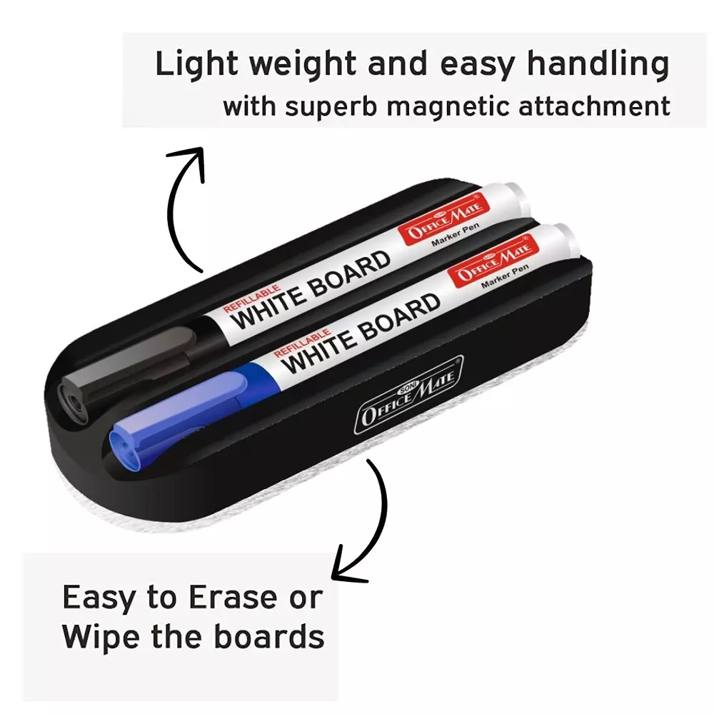 Soni Office Mate Magnetic Whiteboard Duster and 2 Refillable Markers Combo Black and Blue, 4.43 mm Bullet Tip for Office, School and Home (Pack of 10)