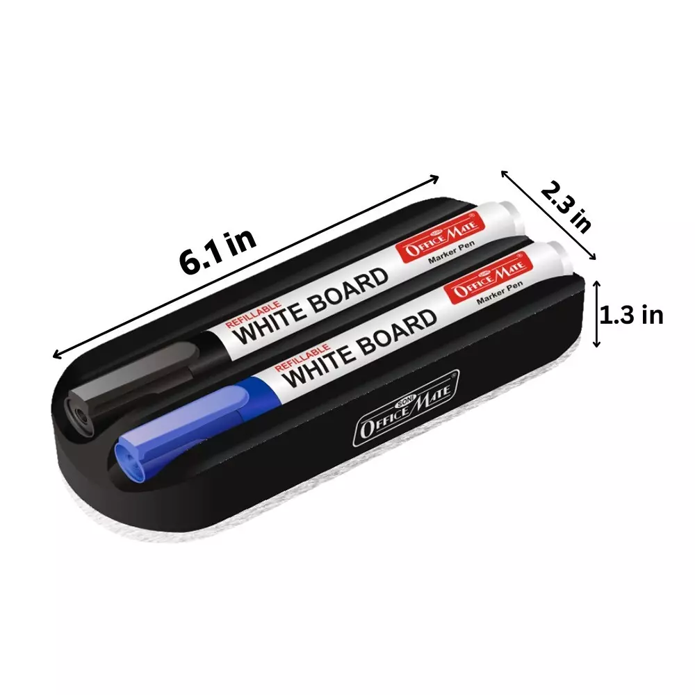 Soni Office Mate Magnetic Whiteboard Duster and 2 Refillable Markers Combo Black and Blue, 4.43 mm Bullet Tip for Office, School and Home (Pack of 10)