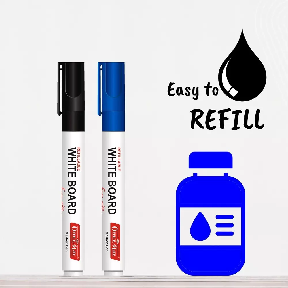 Soni Office Mate Magnetic Whiteboard Duster and 2 Refillable Markers Combo Black and Blue, 4.43 mm Bullet Tip for Office, School and Home (Pack of 10)