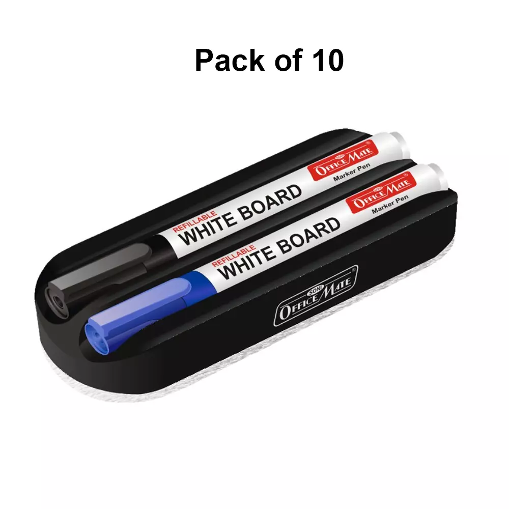 Soni Office Mate Magnetic Whiteboard Duster and 2 Refillable Markers Combo Black and Blue, 4.43 mm Bullet Tip for Office, School and Home (Pack of 10)