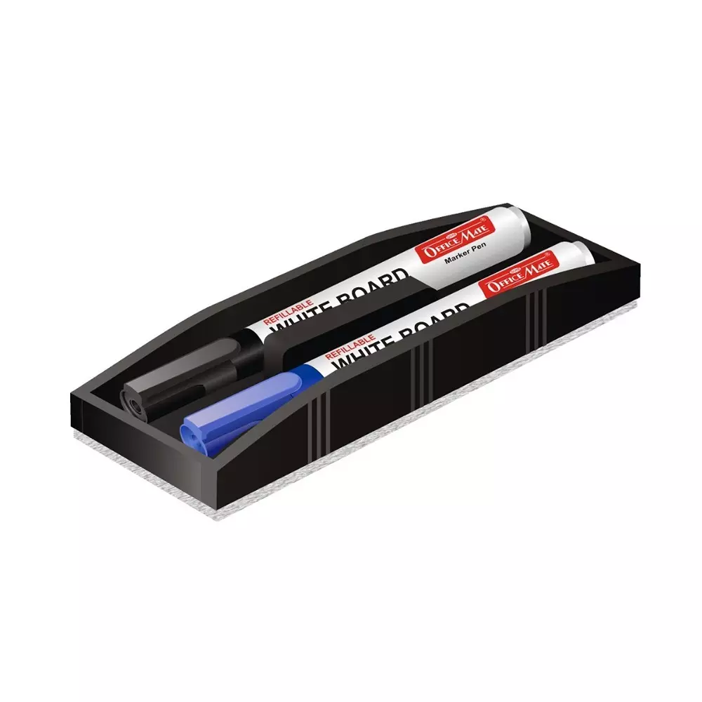 Soni Office Mate Non Magnetic Whiteboard Duster and 2 Markers Combo Black and Blue with 2 Marker Slots for Office, School & Home Use (Set of 3)