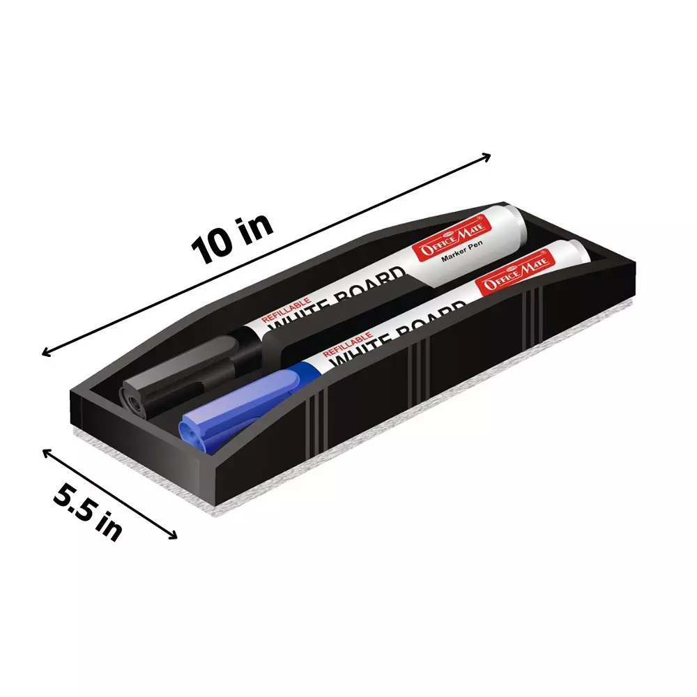 Soni Office Mate Non Magnetic Whiteboard Duster and 2 Markers Combo Black and Blue with 2 Marker Slots for Office, School & Home Use (Set of 3)