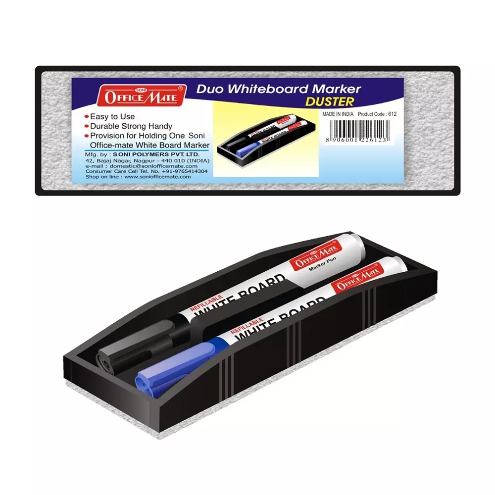 Soni Office Mate Non Magnetic Whiteboard Duster and 2 Markers Combo Black and Blue with 2 Marker Slots for Office, School & Home Use (Set of 3)