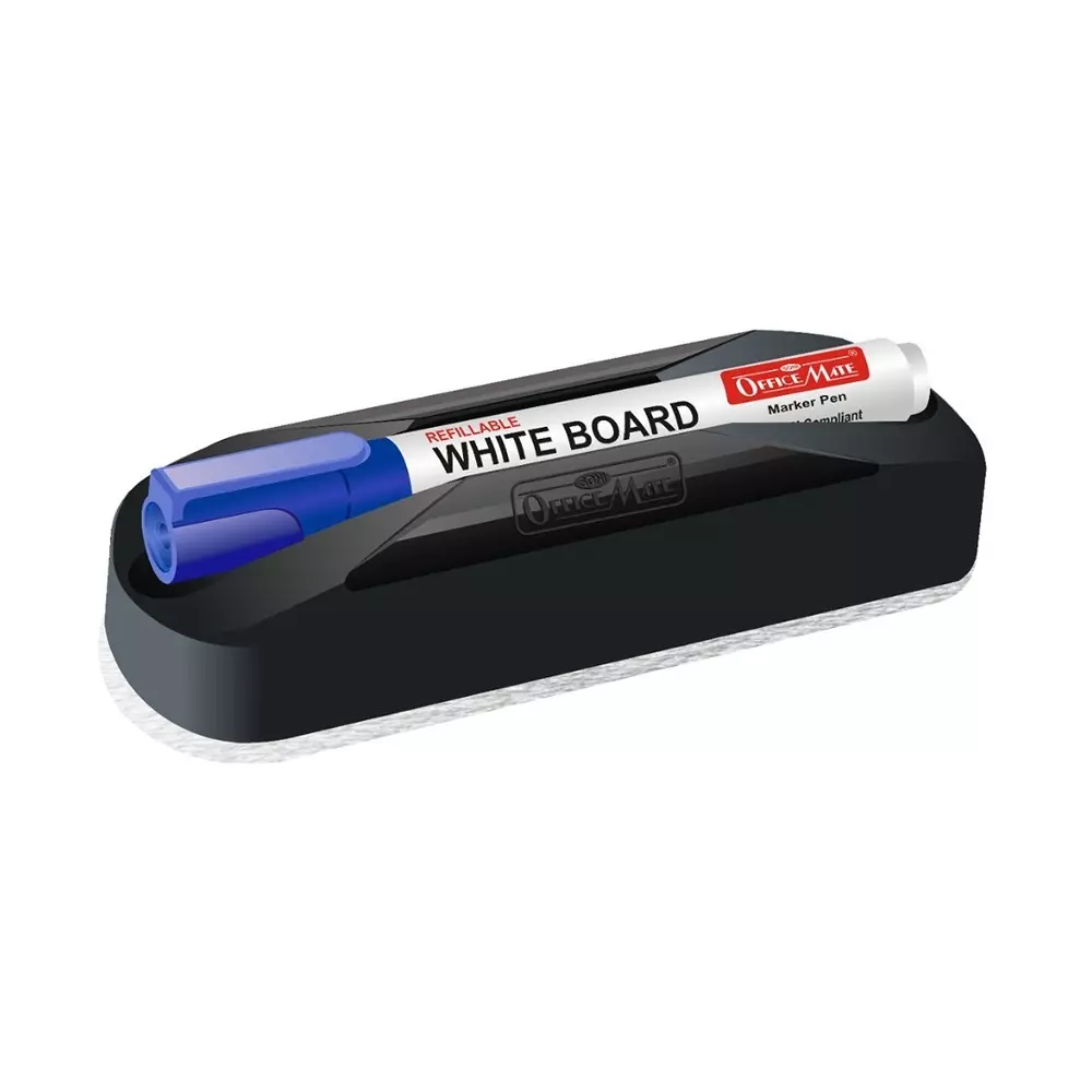 Soni Office Mate Non Magnetic Whiteboard Duster and Blue Refillable Marker Combo With Marker Slot, 4.43 mm Bullet Tip for Office, School and Home (Pack of 10)
