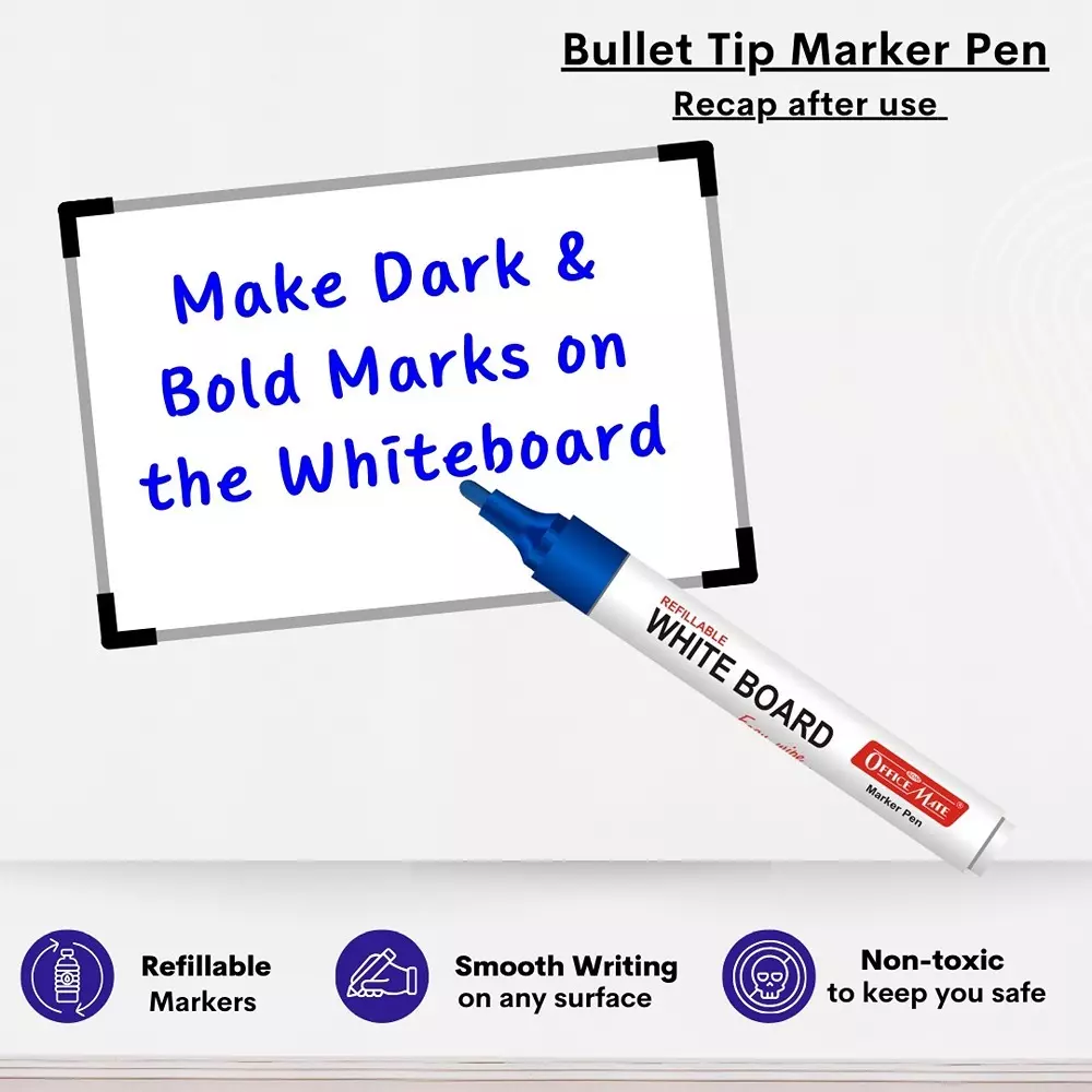 Soni Office Mate Non Magnetic Whiteboard Duster and Blue Refillable Marker Combo With Marker Slot, 4.43 mm Bullet Tip for Office, School and Home (Pack of 10)