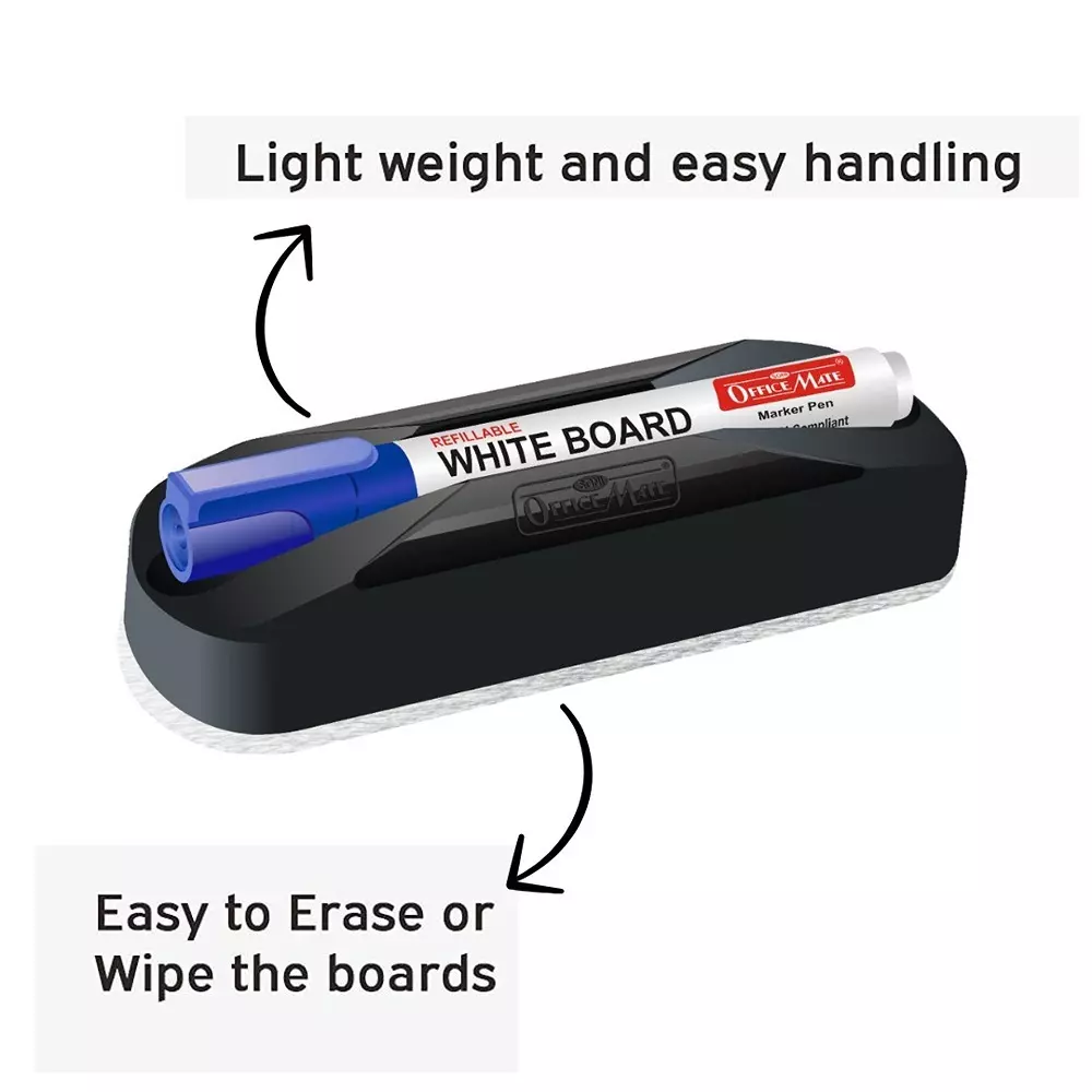 Soni Office Mate Non Magnetic Whiteboard Duster and Blue Refillable Marker Combo With Marker Slot, 4.43 mm Bullet Tip for Office, School and Home (Pack of 10)