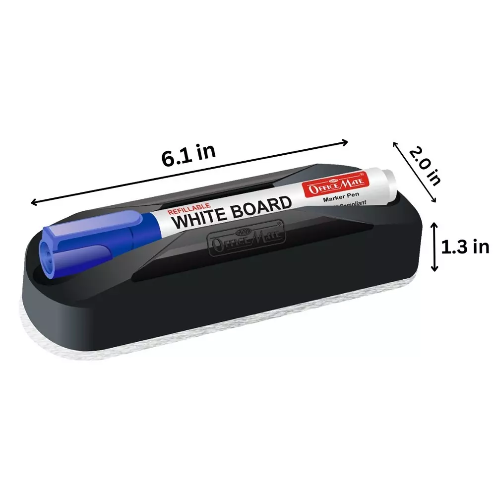 Soni Office Mate Non Magnetic Whiteboard Duster and Blue Refillable Marker Combo With Marker Slot, 4.43 mm Bullet Tip for Office, School and Home (Pack of 10)