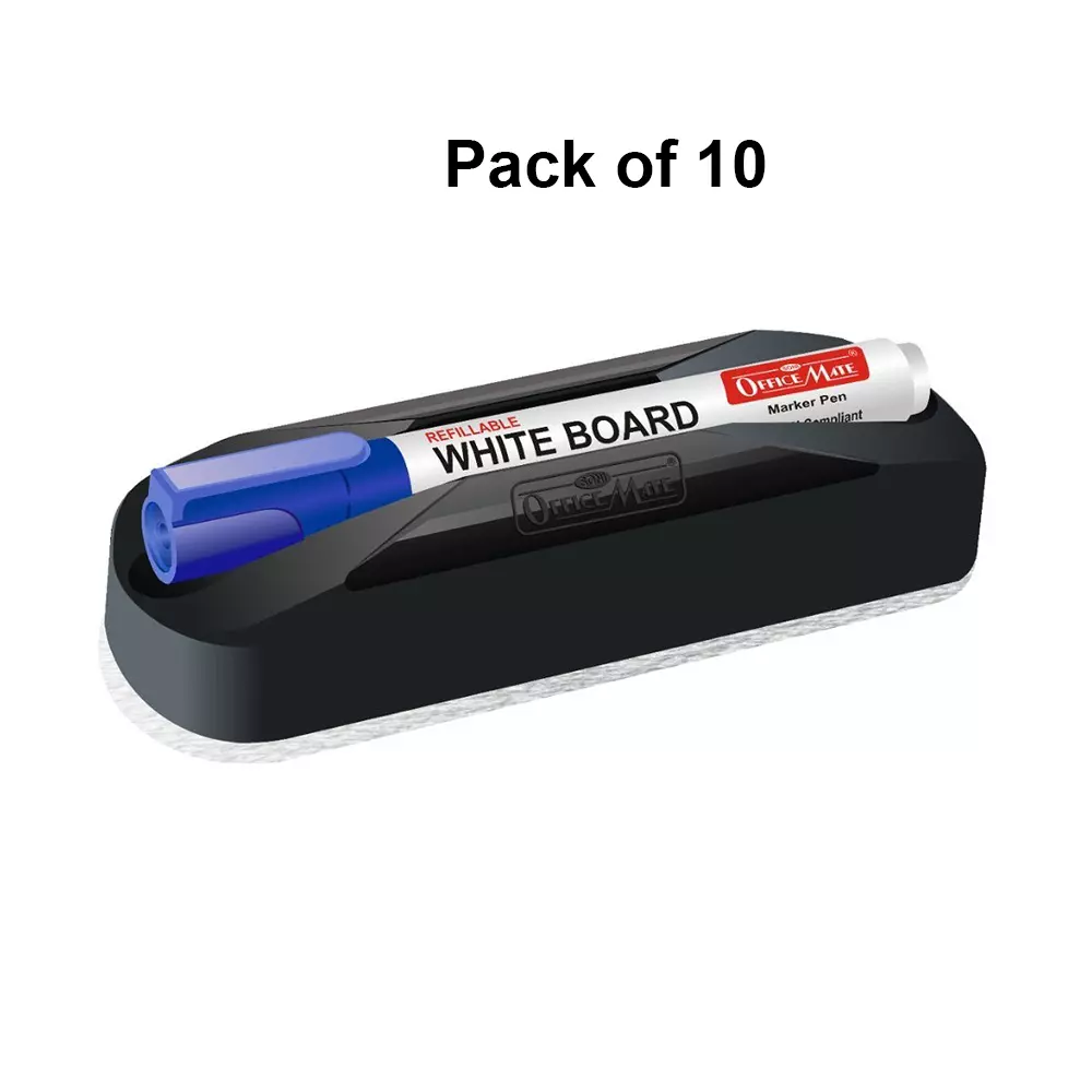 Soni Office Mate Non Magnetic Whiteboard Duster and Blue Refillable Marker Combo With Marker Slot, 4.43 mm Bullet Tip for Office, School and Home (Pack of 10)