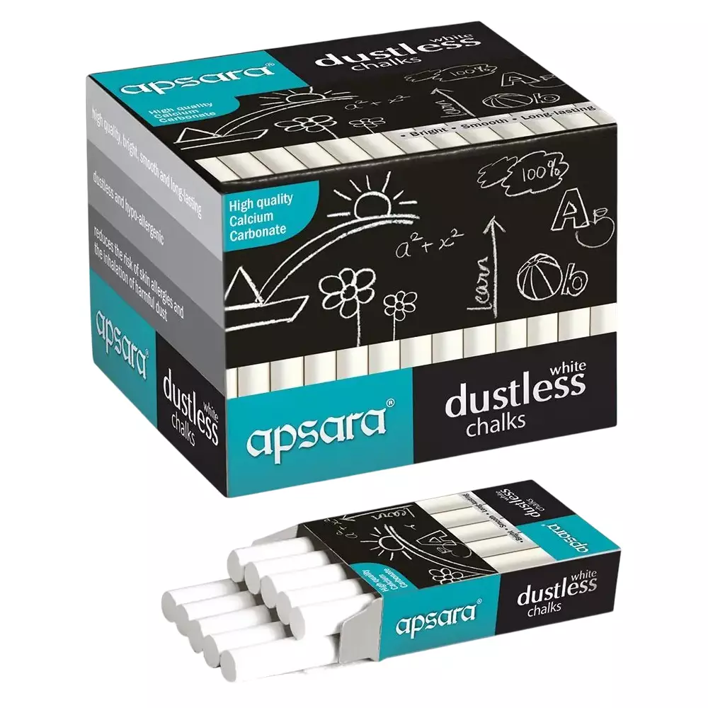 Apsara Dustless Chalk White Non-Toxic Calcium Carbonate (Pack of 100)
