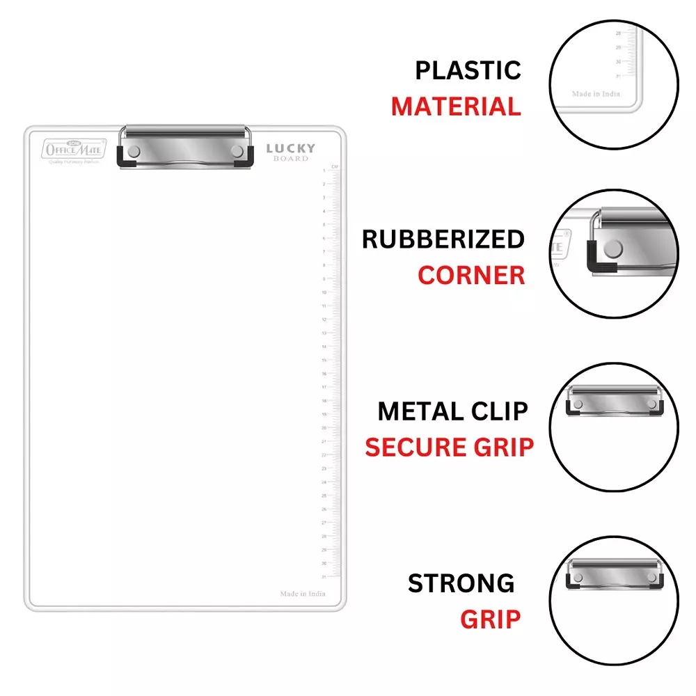 Soni Office Mate Topper’s Clear Exam Board Ultra-Light Metal Clip, Rubber Corners & 31 cm Scale Ideal for Students, Exams & Office, Assorted Color