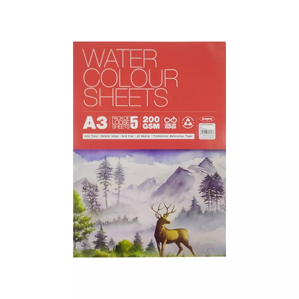 Anupam A3 Water Colour Paper 200 GSM White (Pack of 5 Sheet)