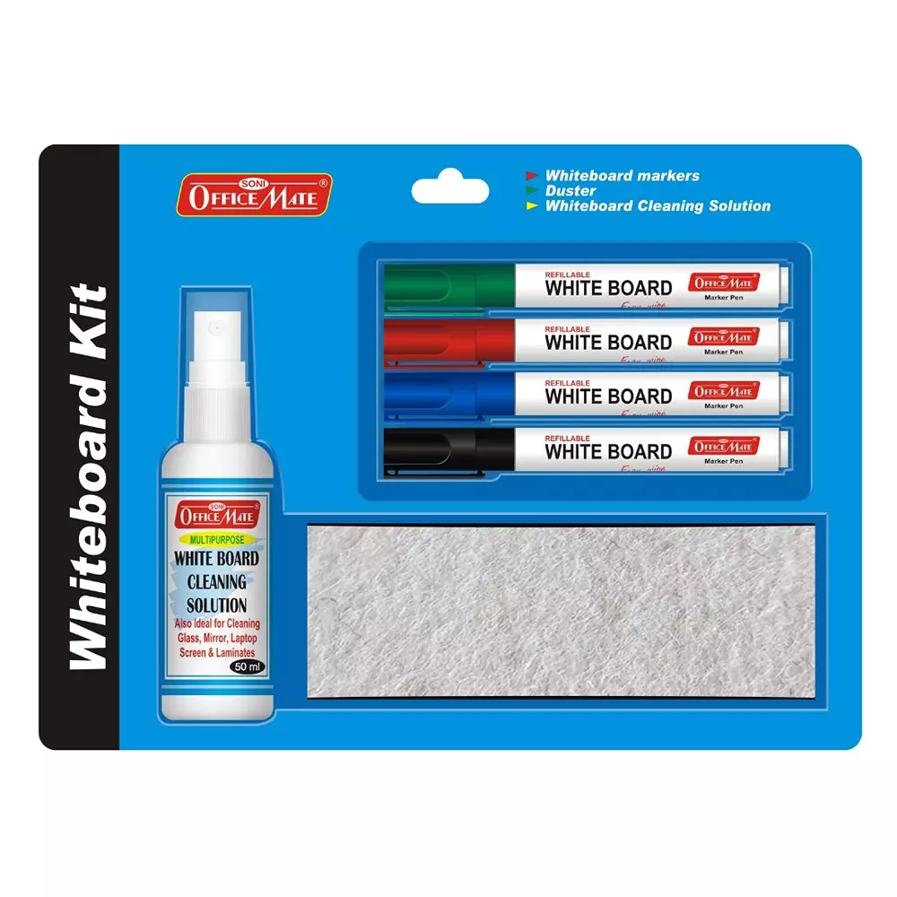 Soni Office Mate Whiteboard Kit Contains 4 Markers (Black, Blue, Red, Green) + Duster + 50ml Cleaner for School, Office & Home