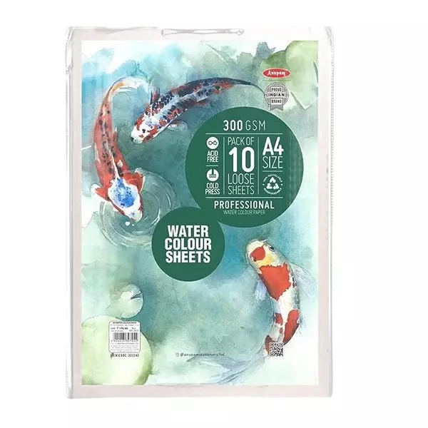Anupam A4 Water Colour Paper 300 GSM White (Pack of 10 Sheet)