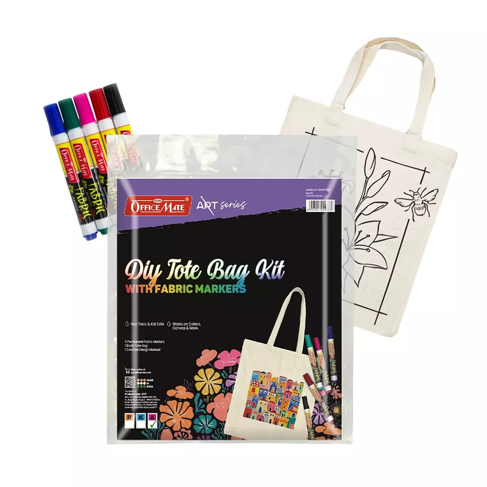 Soni Officemate Tote Bag Kit 1 Pre-Printed Art Bag & 5 Fabric Markers DIY Craft Safe & Washable Colors for Gifting, Art Projects & Personal Use