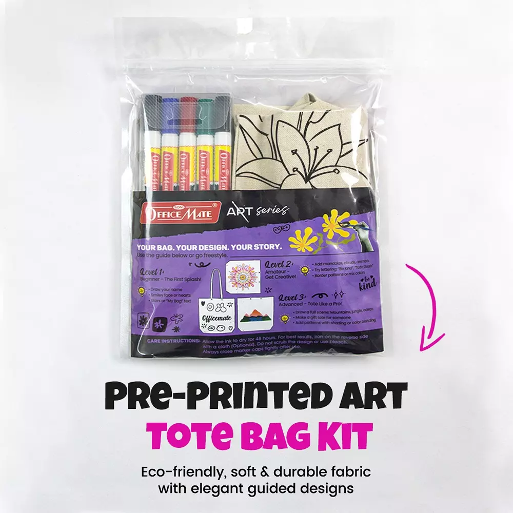 soni-officemate-tote-bag-kit-1-pre-printed-art-bag-5-fabric-markers-diy-craft-safe-washable-colors-for-gifting-art-projects-personal-use