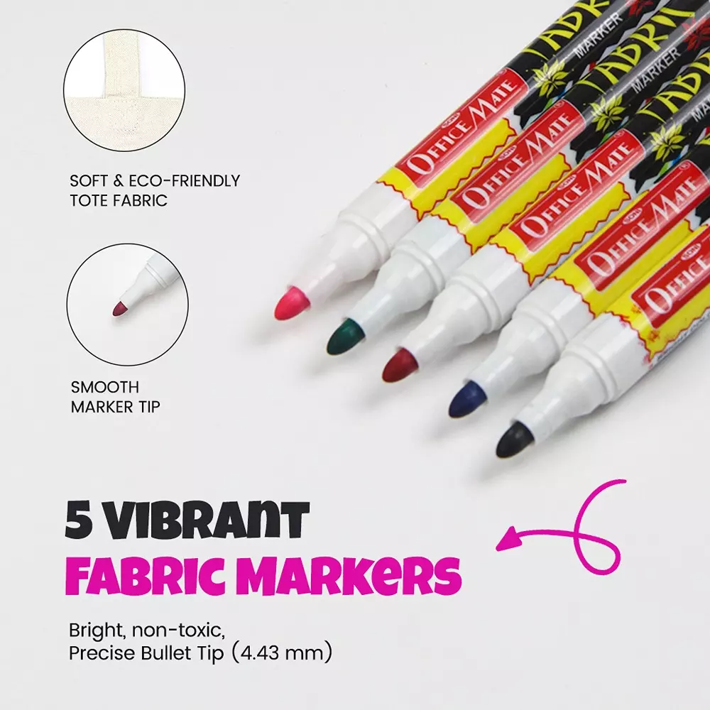 soni-officemate-tote-bag-kit-1-pre-printed-art-bag-5-fabric-markers-diy-craft-safe-washable-colors-for-gifting-art-projects-personal-use