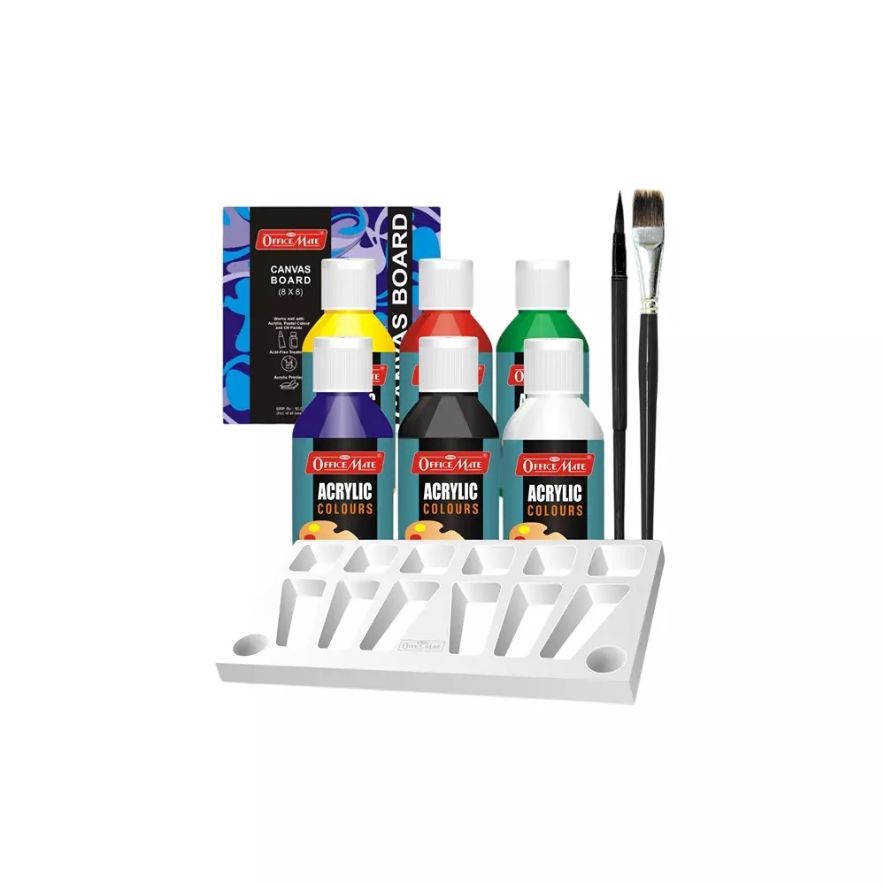 Soni Officemate Acrylic Paint Kit 6 Vibrant 100 ml Acrylic Colors 1 Mixing Palette, 1 Round Brush,1 Flat Brush & 1 Canvas for Home, School & Office Use