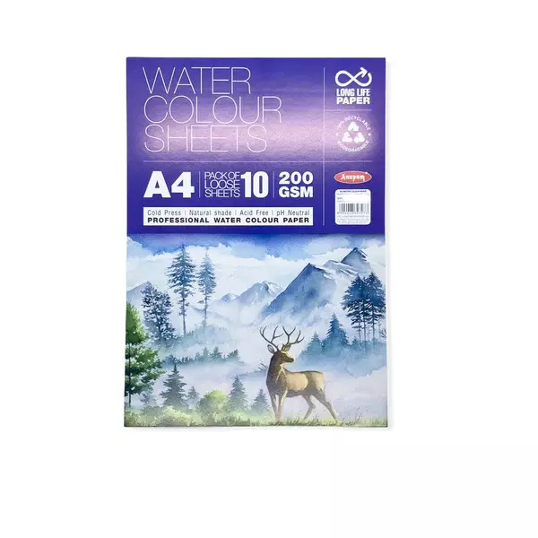 Anupam A4 Water Colour Paper 200 GSM White (Pack of 10 Sheet)