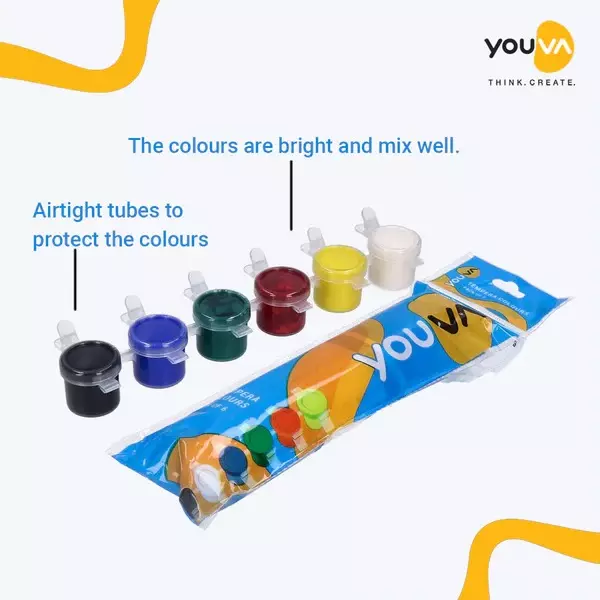 Youva by Navneet Tempera Water Colours Air-Tight Tubes 3 ml Each (Pack of 6), 35053