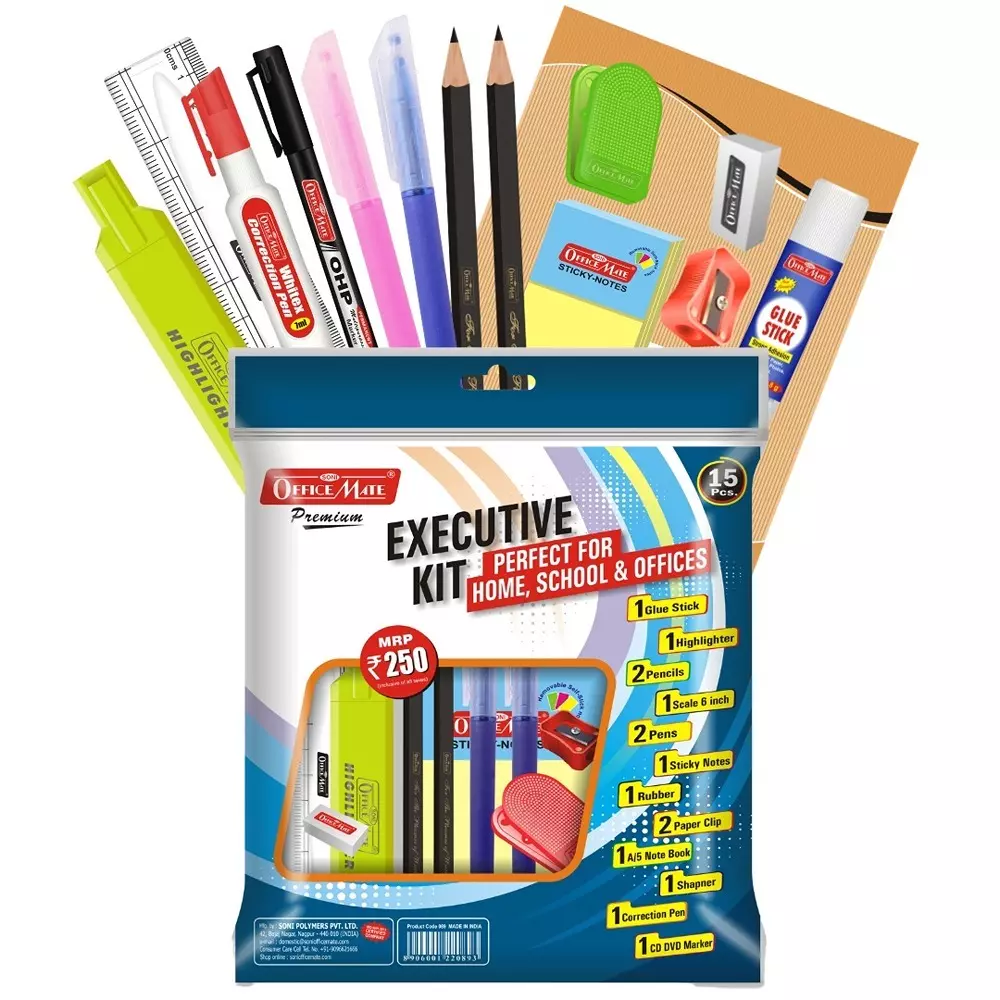 Soni Office Mate 14 Pcs Executive Kit Includes Pens, Highlighter, Sticky Notes, Marker, Scale, Correction Pen & More Ideal For School and Office Use