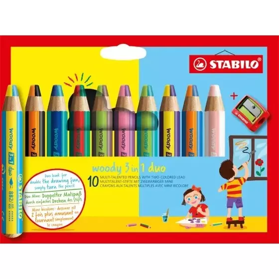 Stabilo WOODY 3 in 1 Duo Multi-Talented Colored Pencils with Sharpener for Artists, Students, Hobbyistes, 882/10-2 (Set of 10)