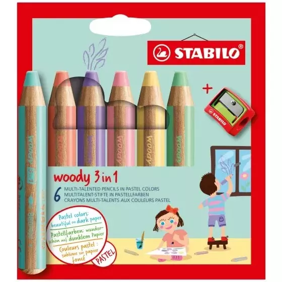 Stabilo WOODY 3 in 1 Multi-Talented Colored Pencils with Sharpener for Artists, Students, Hobbyistes, 8806-3 (Set of 6)