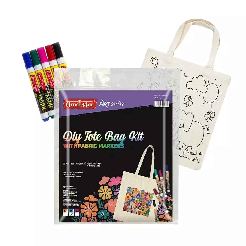 Soni Officemate Tote Bag Kit 1 Pre-Printed Cartoon Tote Bag & 5 Fabric Markers Safe, Washable DIY Art for Kids