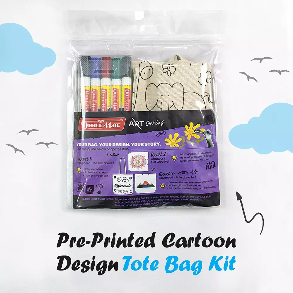 soni-officemate-tote-bag-kit-1-pre-printed-cartoon-tote-bag-5-fabric-markers-safe-washable-diy-art-for-kids