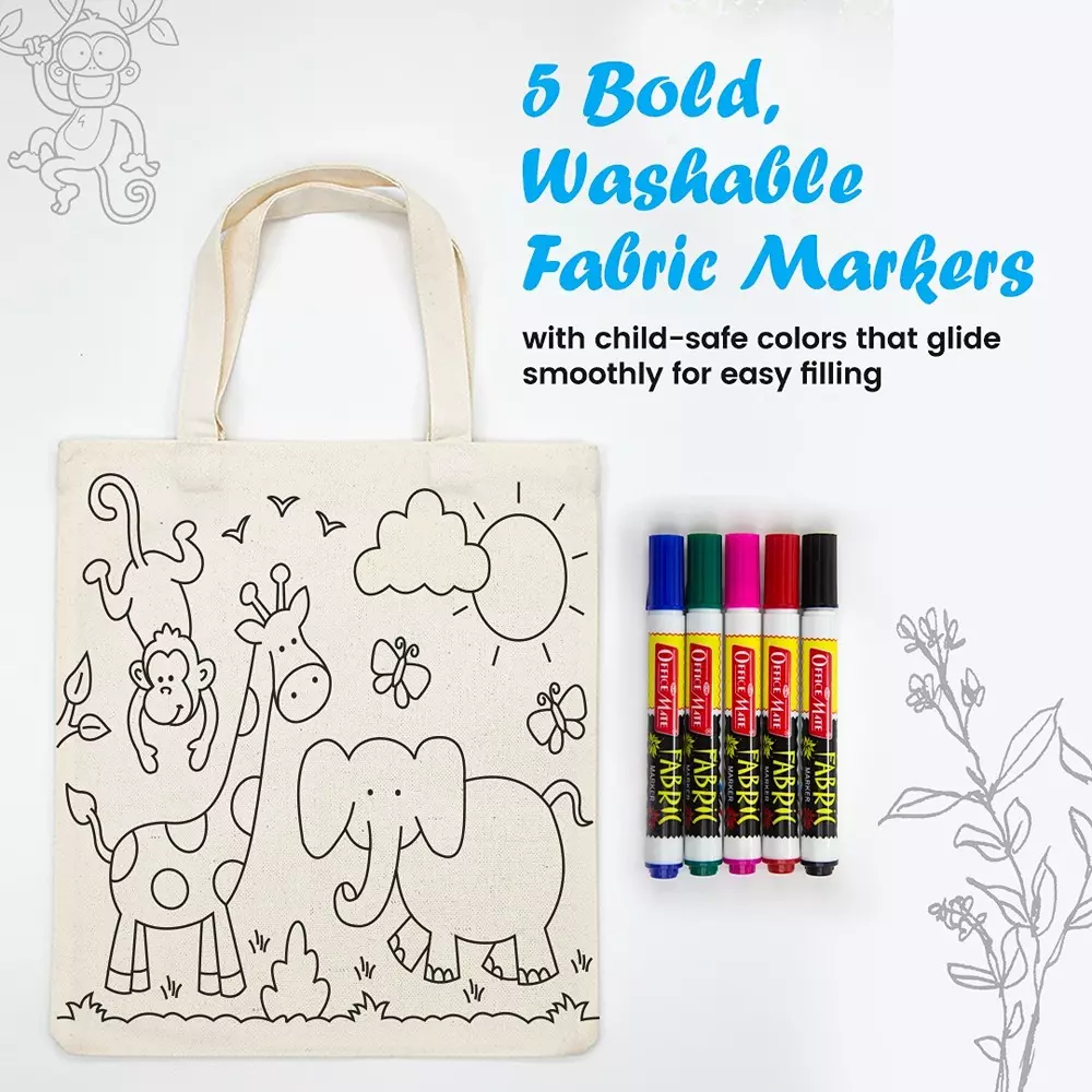 soni-officemate-tote-bag-kit-1-pre-printed-cartoon-tote-bag-5-fabric-markers-safe-washable-diy-art-for-kids
