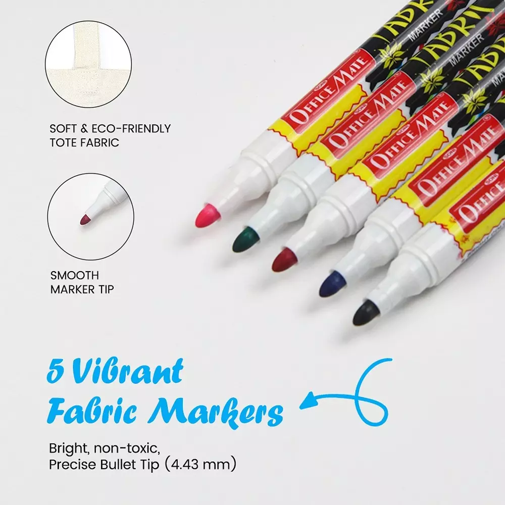 soni-officemate-tote-bag-kit-1-pre-printed-cartoon-tote-bag-5-fabric-markers-safe-washable-diy-art-for-kids